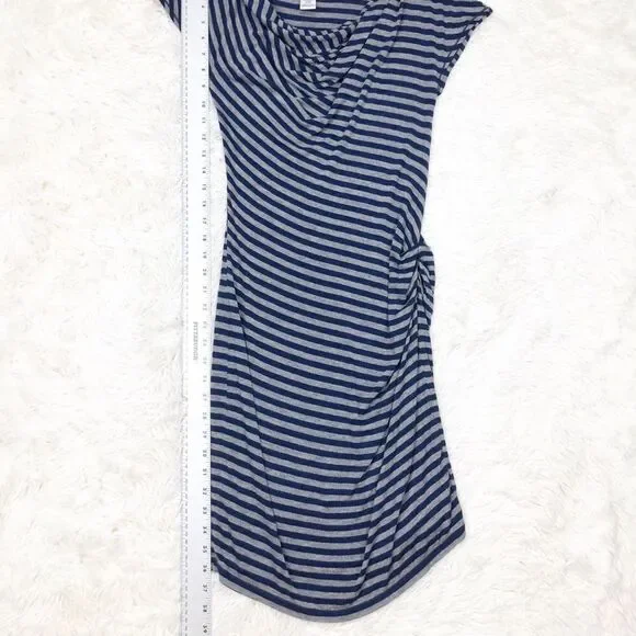 Max Studio Navy Blue Grey Striped Short Sleeve Cowl Neck Ruched Side Dress Small - Picture 4 of 7